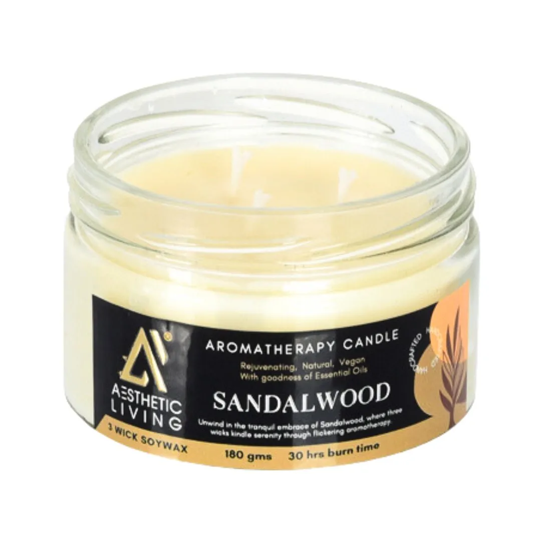 Sandalwood 3 Wick Soy Wax Candle | 30 hr burn, 180 gms
