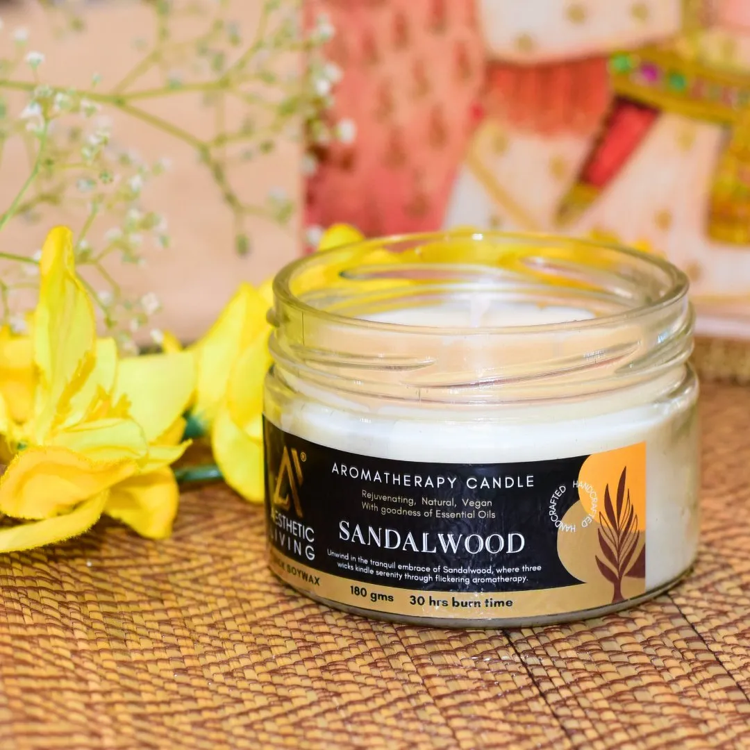 Sandalwood 3 Wick Soy Wax Candle | 30 hr burn, 180 gms