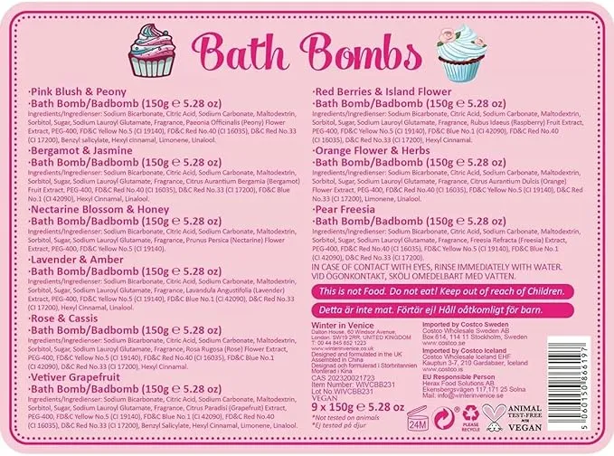 Winter in Venice Pamper Beautiful, Cupcake Bath Bombs, 9 Piece Set, 9 x 150g